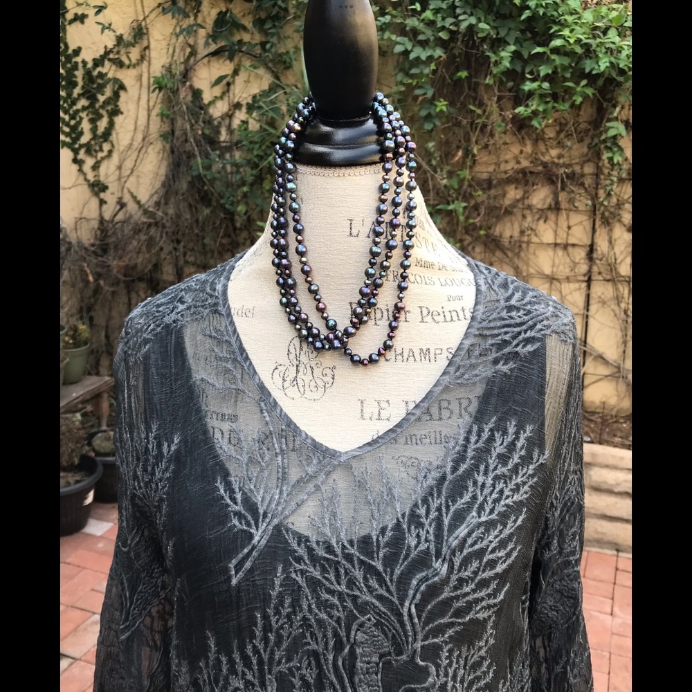 High End Boutique Slate Blue Gray Dress w/ Under-Dress Embroidered Coral Size S - Picture 8 of 16